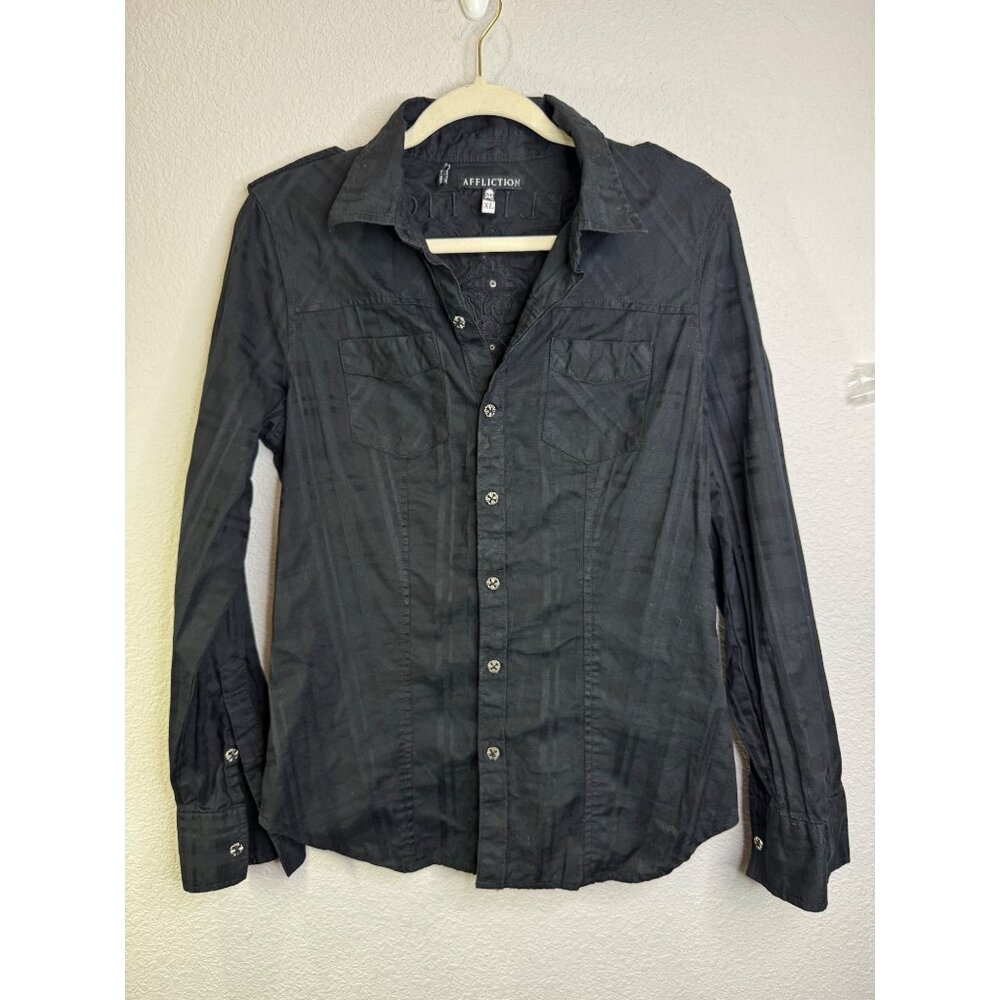 Affliction XL Black Long Sleeve Embroidered Button-Up Shirt Studded Cross Design